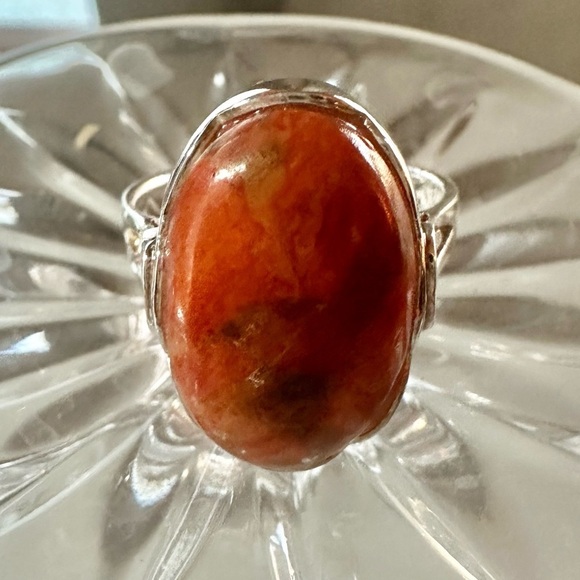 Vintage Red Coral and 925 Silver Ring with Cabochon Stone cut. - Picture 2 of 8